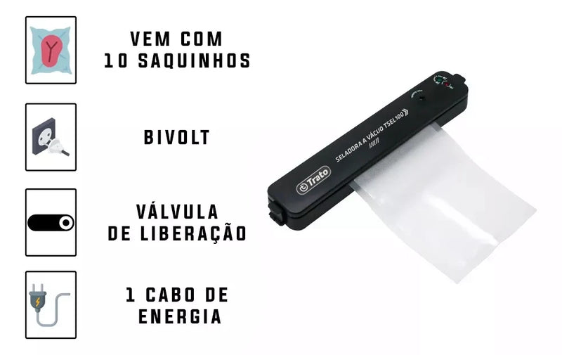 Selador a vácuo portátil para alimentos domésticos Bivolt + 10 sacos para embalar